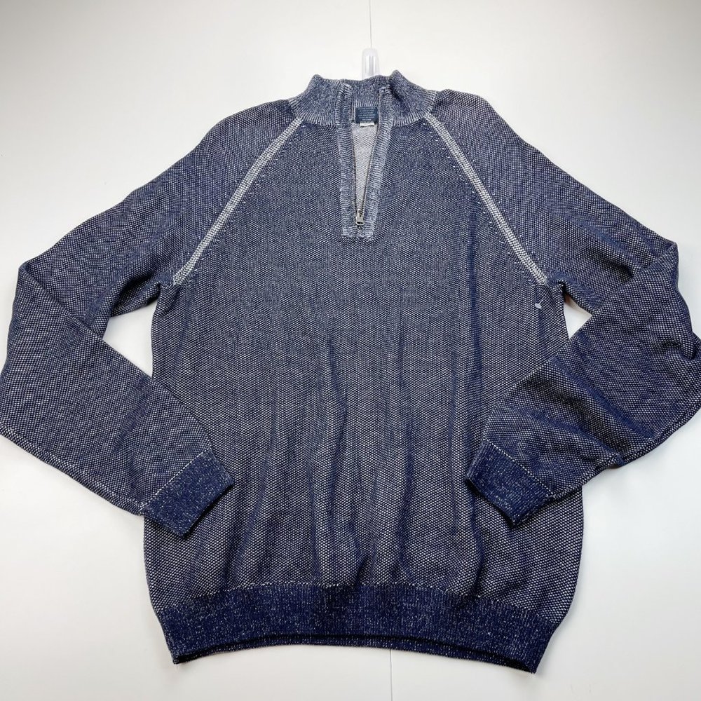 Tailor Vintage Navy Birdseye Quarter Zip Stand Collar Sweater Size Medium
